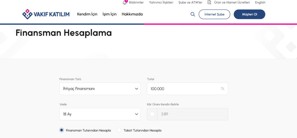 Vakıf Katılım Kredi Hesaplama Ekranı